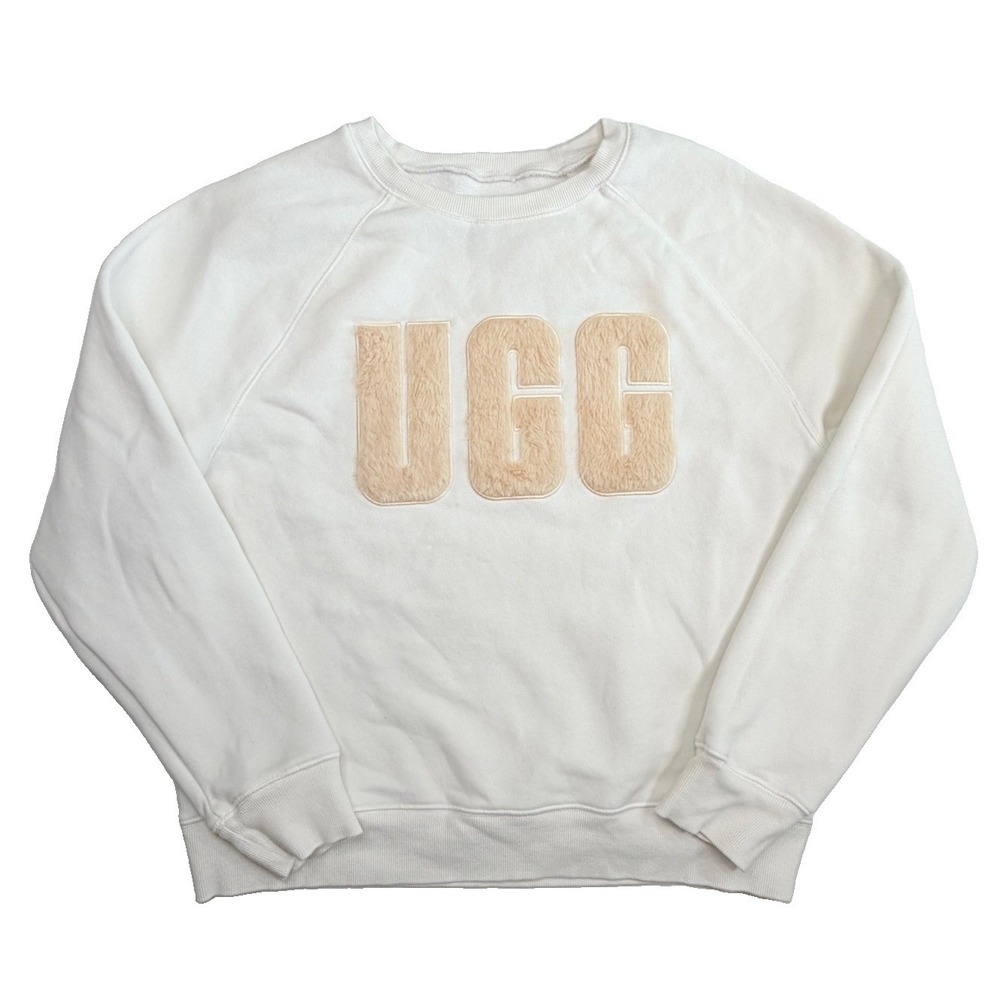 UGG Madeline Fuzzy Logo Crewneck Sweatshirt Women's M Ivory Cream